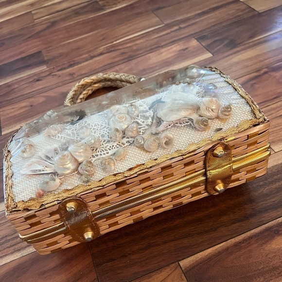 1950s 1960s Vintage Wicker Seashell Purse Handbag Woven Seahorse Starfish - Picture 11 of 14